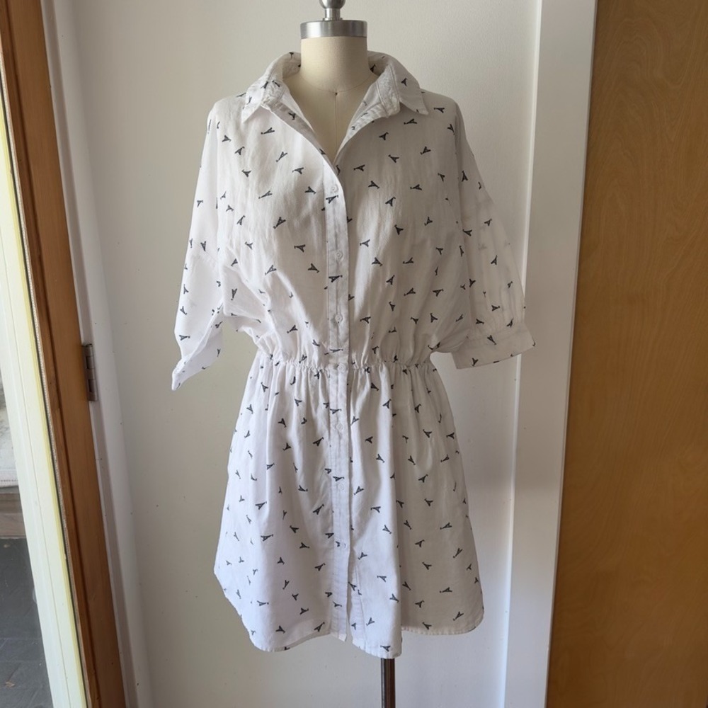 ELLISON Linen Blend Eiffel Tower Print Button Up Shirt Dress-White Knee Length-S
